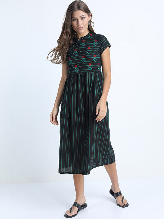 Black & Green Striped Ethnic Midi Dress