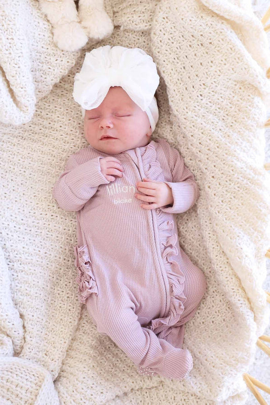 Embroidered Bamboo Waffle Zipper Ruffle Footie | Elderberry