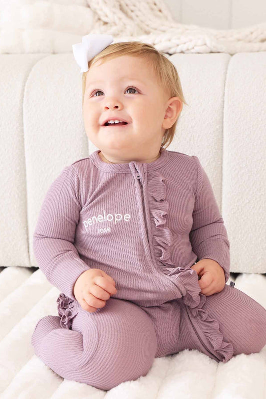 Embroidered Bamboo Waffle Zipper Ruffle Footie | Amethyst