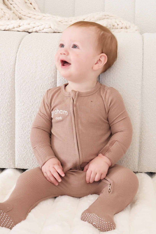 Embroidered Bamboo Waffle Zipper Footie | Cocoa