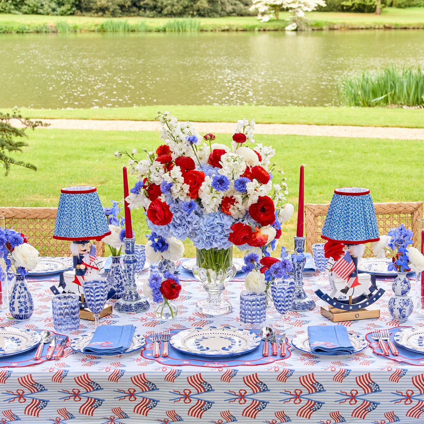 Fourth of July Rechargeable Lamp with Cobalt & Red Lotus Shade (18cm)
