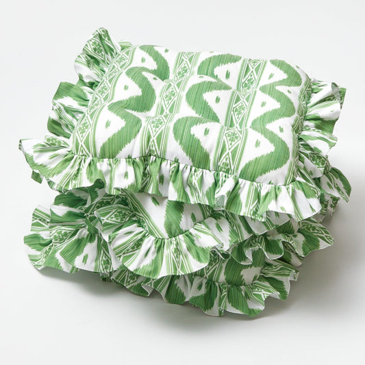 Frilled Green Ikat Seat Pad Cushion (Set of 4)