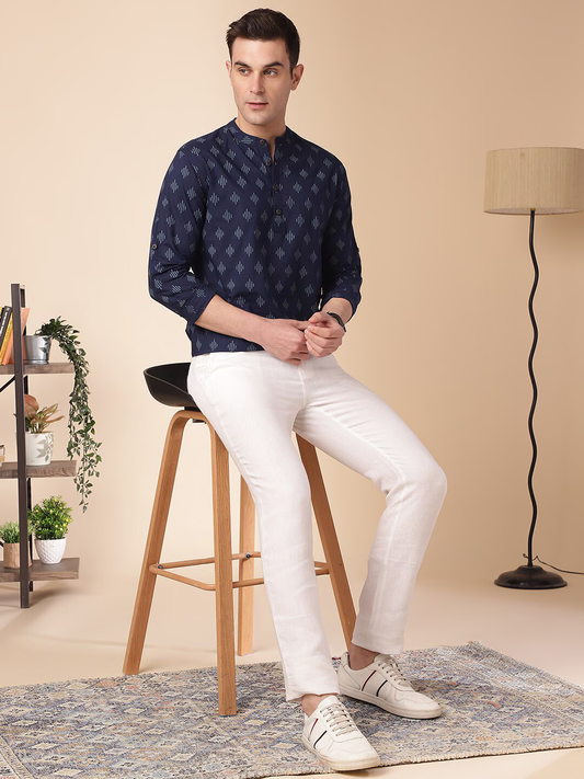 Blue Ethnic Motifs Printed Mandarin Collar Long Sleeves Cotton Straight Kurta