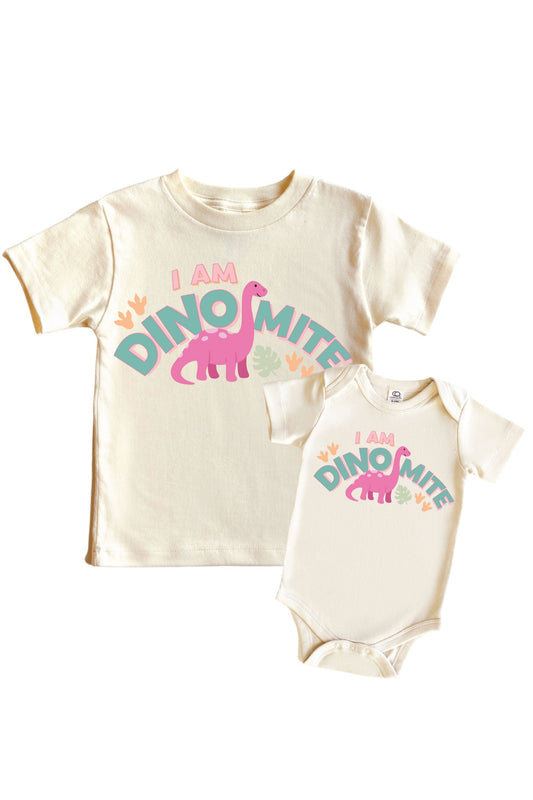 I Am Dino-Mite Pink Graphic Bodysuit & Kids Tee | Natural