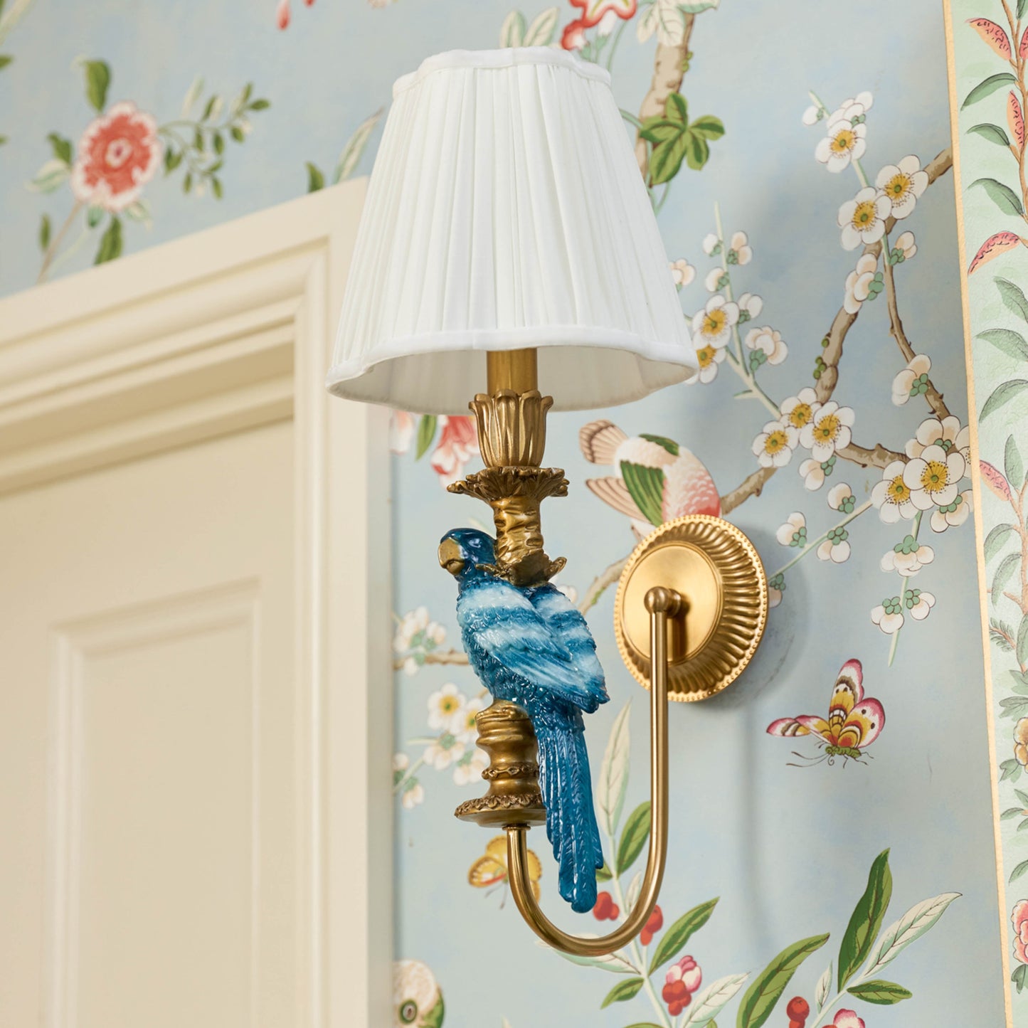 Pair of Blue Parrot Rechargeable Wall Lights with Cream Pleated Shades (18cm)