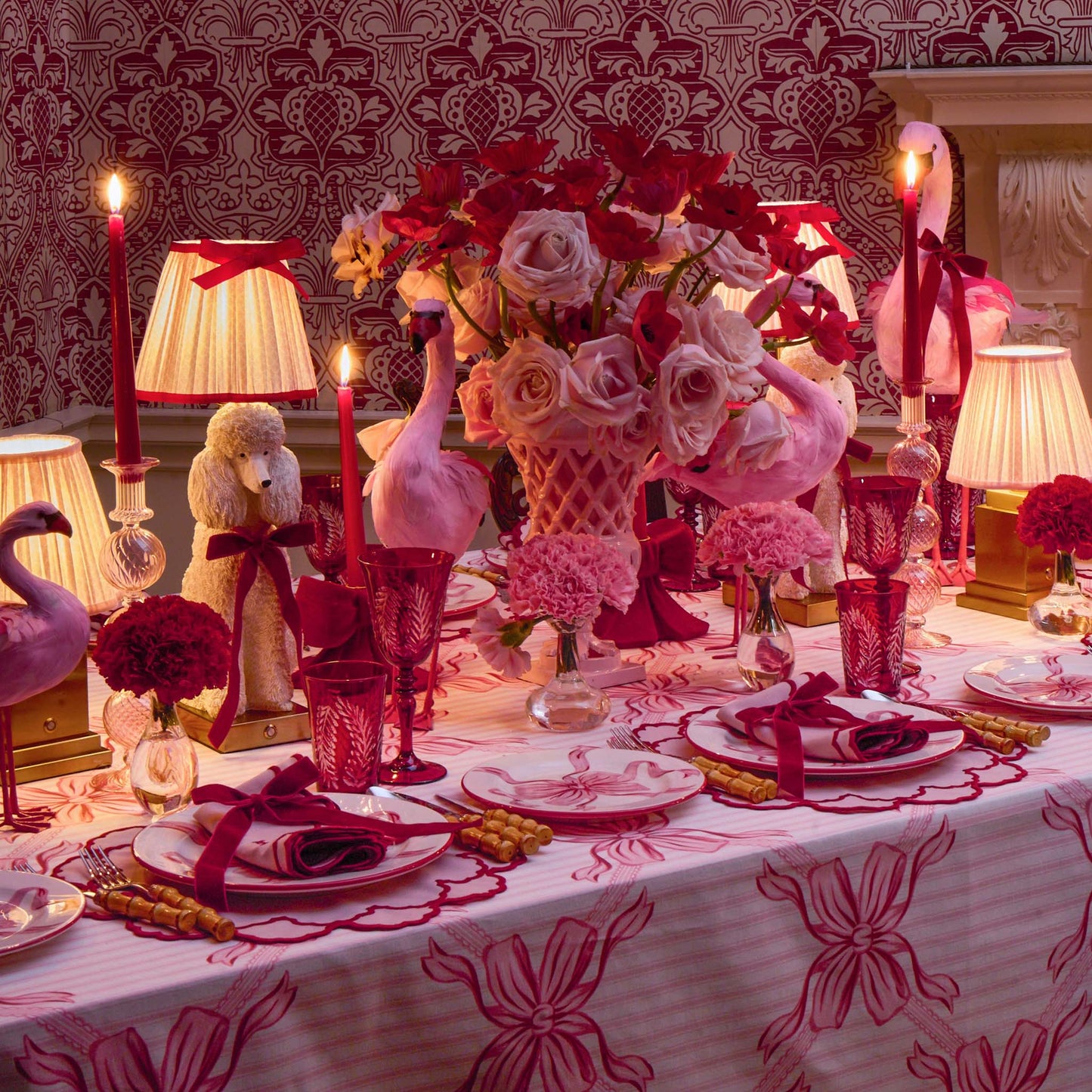 Red Ribboned Fifi Poodle Rechargeable Lamp with Pink & Red Lotus Bow Shade (18cm)