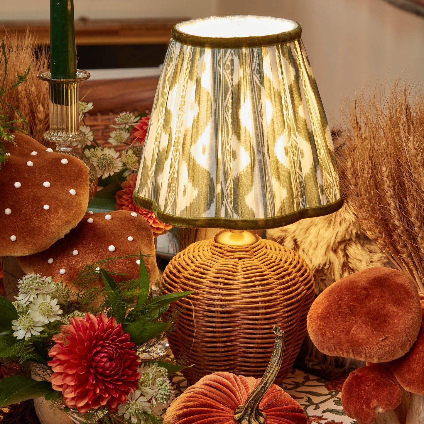 Rattan Ursula Rechargeable Lamp with Olive Ikat Shade (18cm)