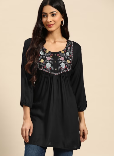 Black Floral Embroidered Longline Top