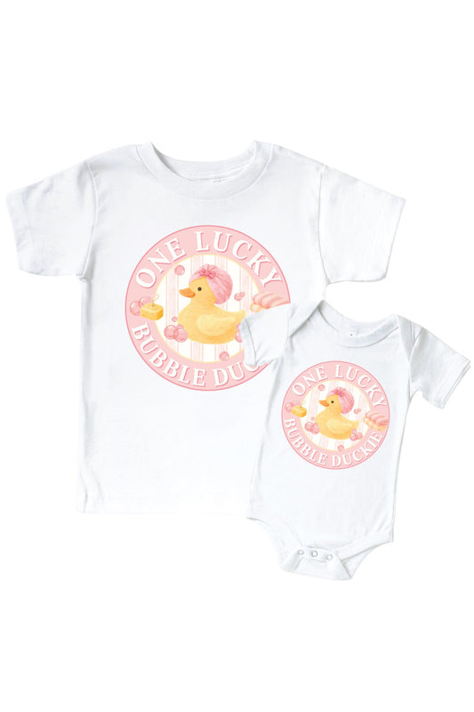 One Lucky Duckie Pink Graphic Bodysuit & Kids Tee | White