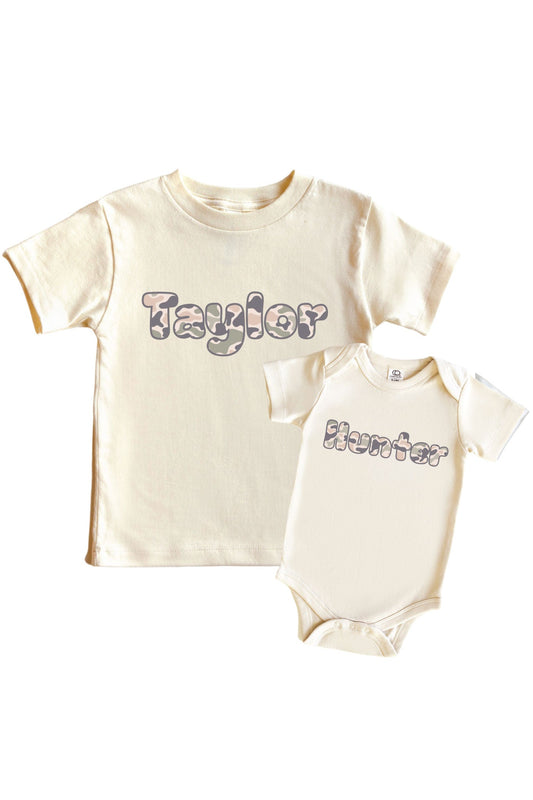 Personalized Camo Cutie Graphic Bodysuit & Kids Tee | Natural