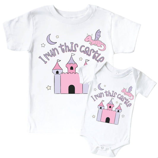 I Run This Castle Pink Graphic Bodysuit & Kids Tee | White