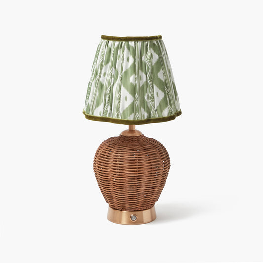 Rattan Ursula Rechargeable Lamp with Olive Ikat Shade (18cm)