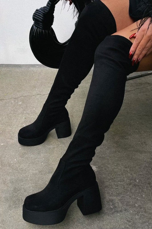 Reezy Over The Knee Platform Block Heel Boots - Black
