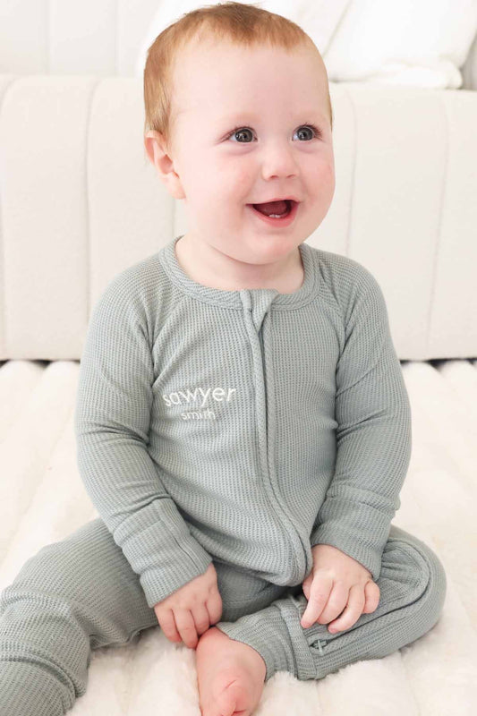 Embroidered Bamboo Waffle Convertible Zip Romper | Seagrass