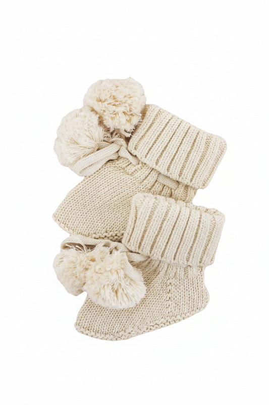 Knit Pom Pom Baby Booties | Sand
