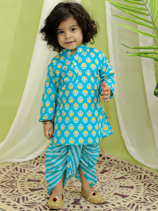 Boys Floral Printed Regular Pure Cotton Kurta With Dhoti Pants