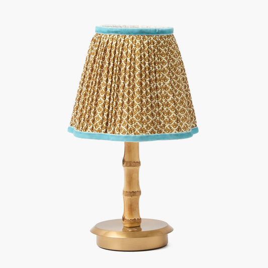 Bamboo Short Rechargeable Lamp with Caramel & Blue Lotus Shade (18cm)