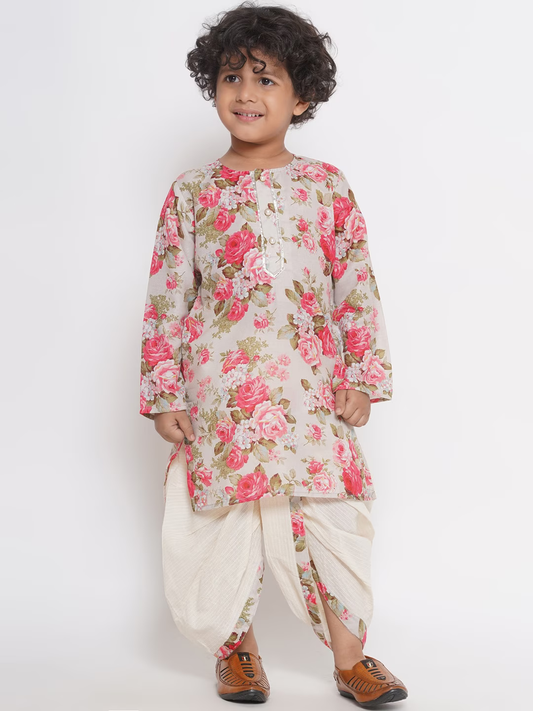 Boys Floral Printed Gotta Patti Pure Silk Kurta With Dhoti Pants