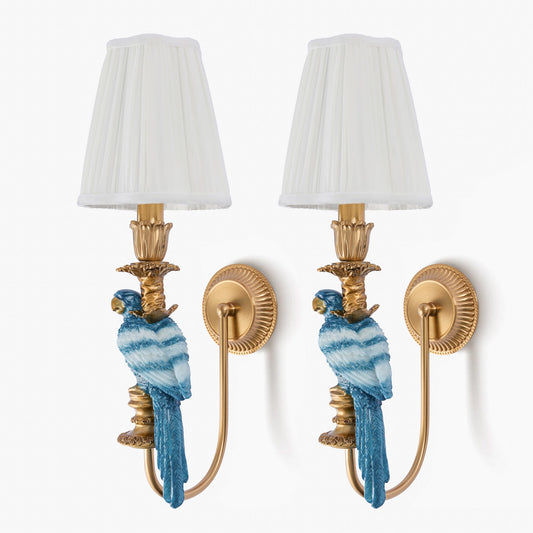 Pair of Blue Parrot Rechargeable Wall Lights with Cream Pleated Shades (14cm)
