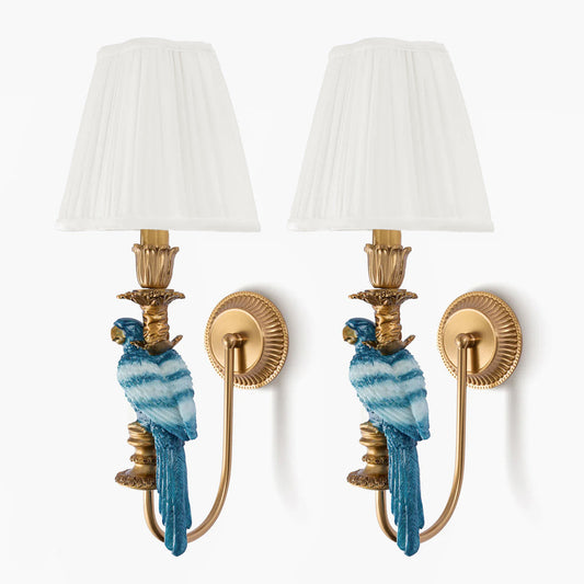 Pair of Blue Parrot Rechargeable Wall Lights with Cream Pleated Shades (18cm)