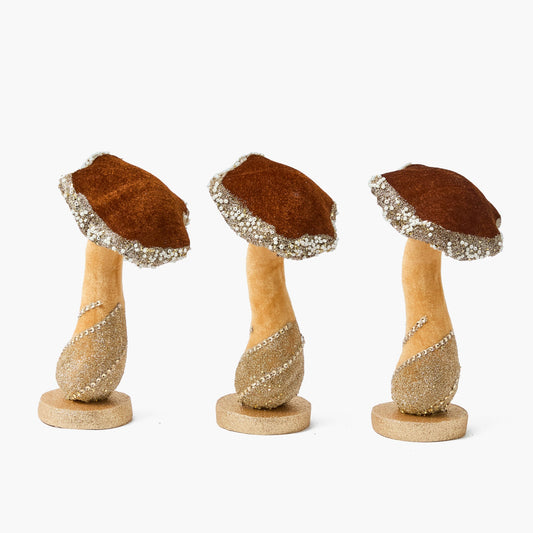 Chocolate Glitter Beaded Velvet Mushroom (Set of 3)