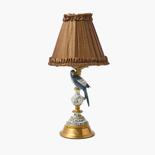 Blue Parrot Rechargeable Lamp with Brown Frilled Silk Shade (18cm)