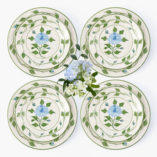 Blue Rose Bud Dinner & Starter Plates (Set of 8)