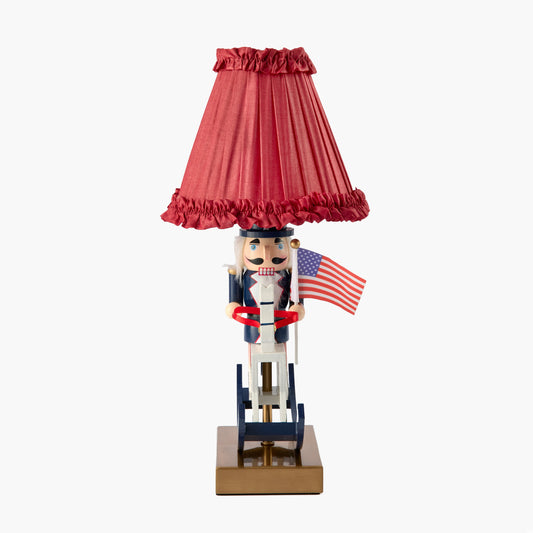 Fourth of July Rechargeable Lamp with Red Frilled Silk Shade (18cm)
