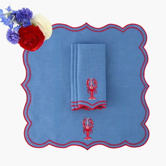 Blue Lobster Embroidered Linen Napkins (Set of 4)