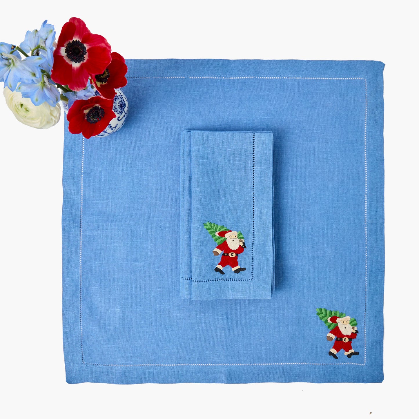 Blue & Red Hand Embroidered Father Christmas Napkins (Set of 4)