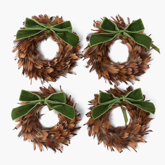 Feather Wreaths with Forest Green Velvet Bows (Set of 4)
