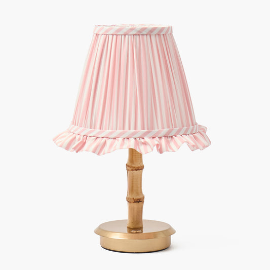 Bamboo Short Rechargeable Lamp with Pink Striped Ruffle Shade (18cm)
